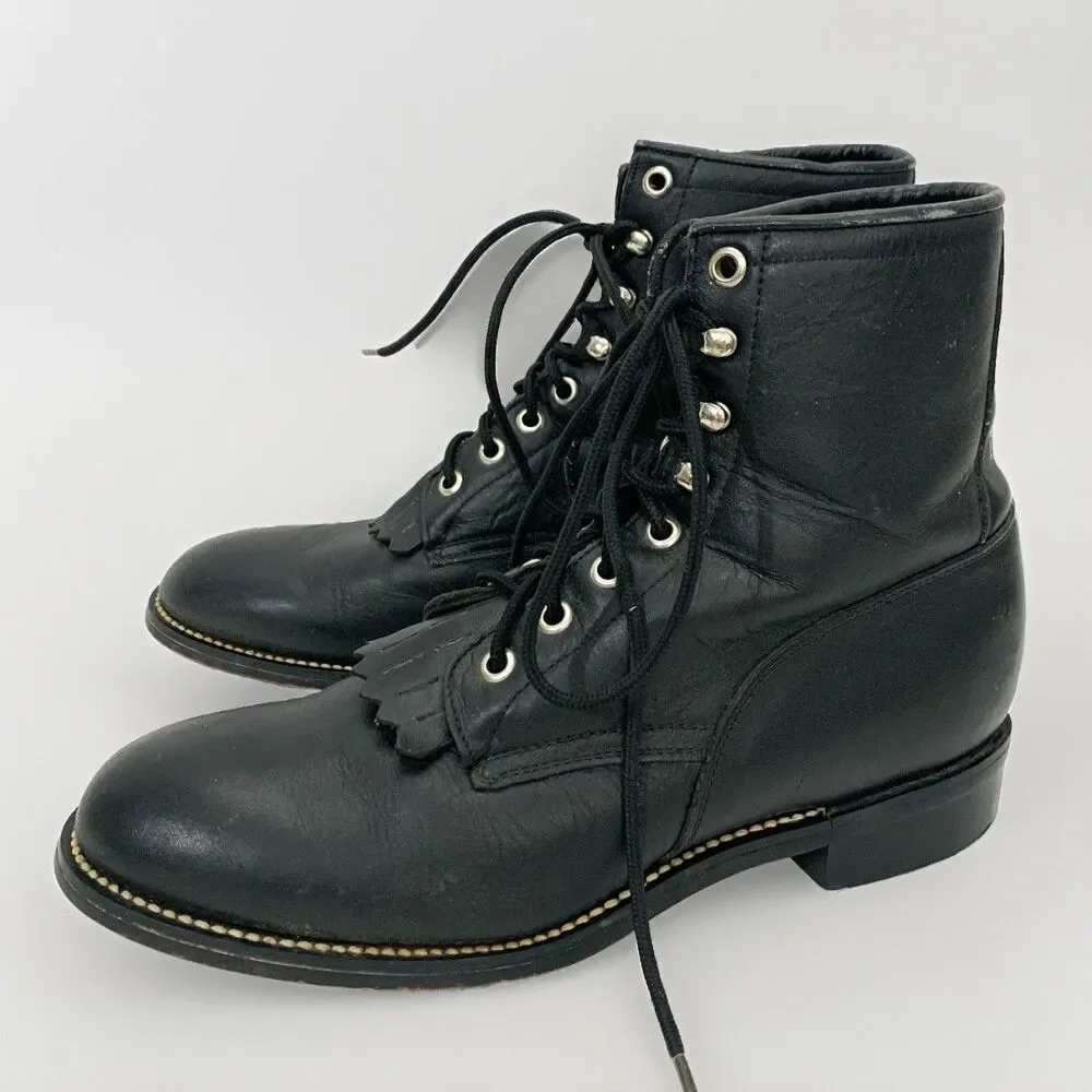 Justin 506 Black Leather Kiltie Lace Up Roper Boots Men’s 5.5D (Women’s 7.5)